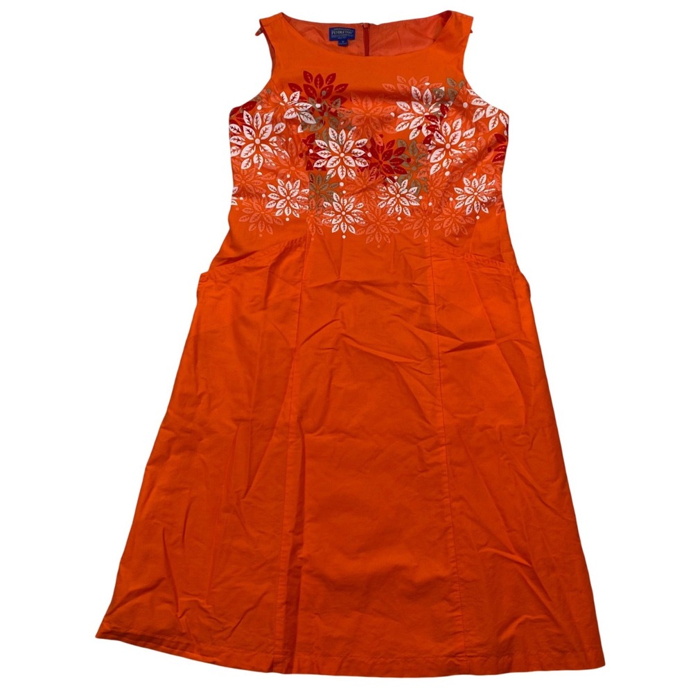 Pendleton Floral Sheath Dress Womens 10 Orange Sleeveless Pockets Cotton Knee